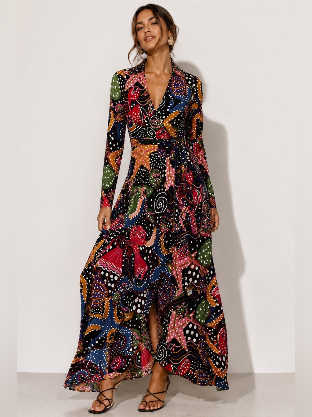 NWT FARM Rio Ocean Print Wrap Maxi Dress XS Colorful Long Sleeve